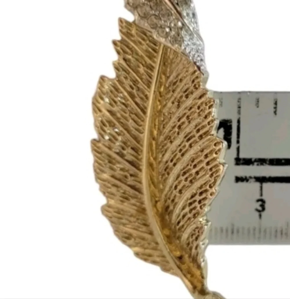 Sarah Coventry Two-Tone leaf brooch 60s silvertone Goldtone Crystals Fall Autumn